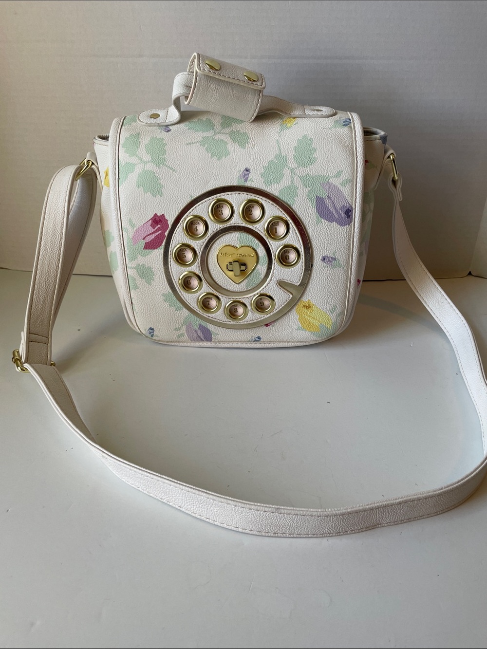 Betsy Johnson White Floral Crossbody Bag with Gold Dial Accent NO PHONE